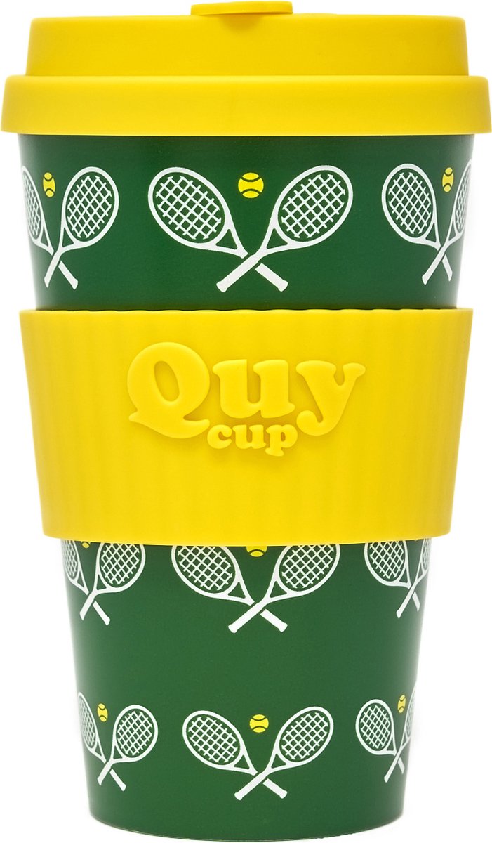 Quy Cup 400ml Ecologische Reis Beker - "TENNIS" - BPA Vrij - Gemaakt van Gerecyclede Pet Flessen met Gele Siliconen deksel