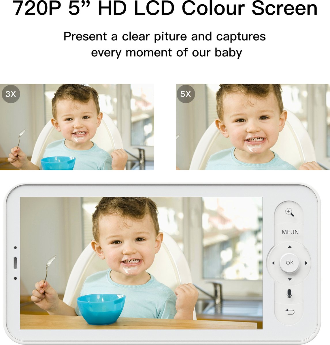 Afbeelding 3 van Arenti AINanny - Baby Monitor - Babyfoon met 5 inch scherm - Ultra HD 2K Resolutie - Slaapliedjes - Alexa & Google - inclusief 32 GB Sd kaart