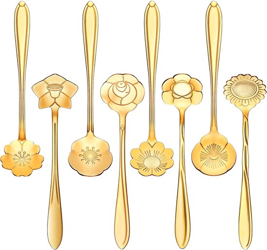 Fako Bijoux® - Bloemen Lepels Set - Theelepel / Koffielepel - 12cm - Goud - 8 Stuks