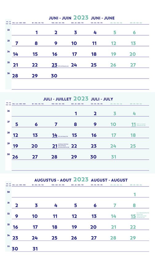 Brepols Kalender 2023 - Driemaandskalender - met handige datum aanduiding - 30 x 60 cm