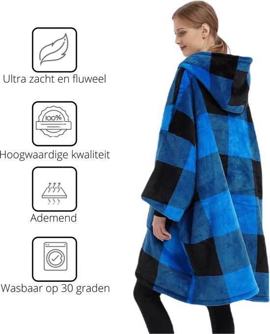 Q-Living Hoodie Deken - Snuggie - Plaid Met Mouwen - Snuggle Hoodie - Fleece Deken Met Mouwen - 1450 gram - Blauw/Zwart Met Rits