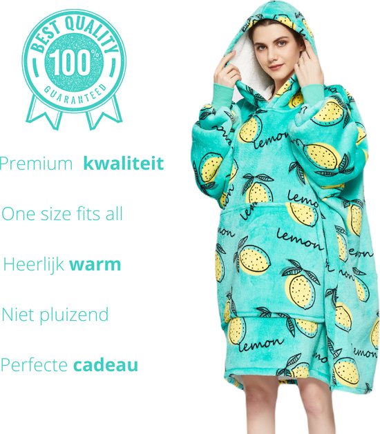 Q- Living Fleece Blanket With Sleeves - 1340 grammes - Couverture à capuche - Sweat à capuche surdimensionné - Couverture TV - Imprimé citron - Vert