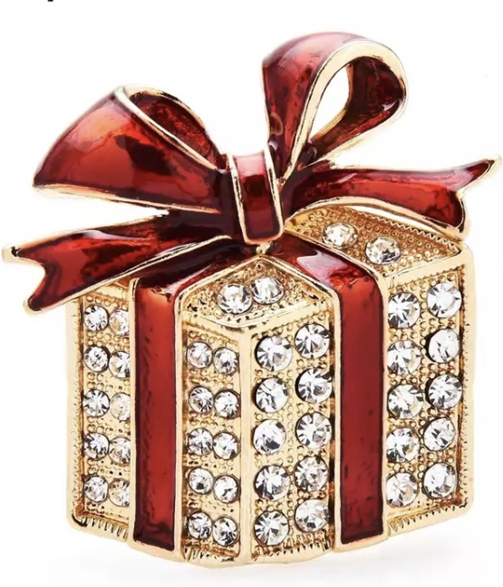 Broche Cadeau Strass goudkleurig (4,4 x 4,4 cm)