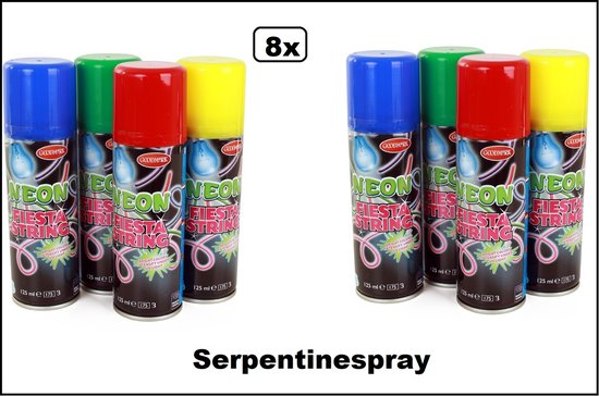 8x Serpentine spray neon 4 kleuren assortie - Carnaval thema feest serpertine festival optocht party