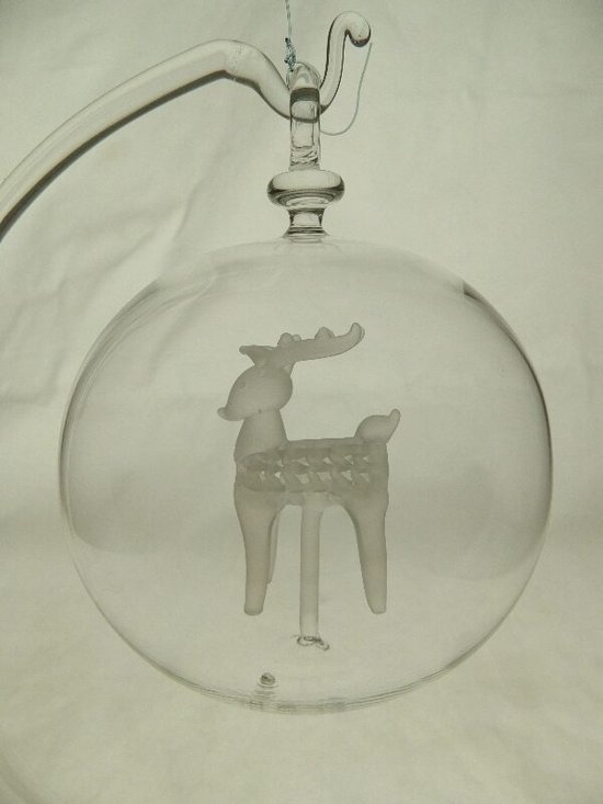 Glasdecoratie - hanger - 10 cm rond - glasbol - mondgeblazen - kerstbal - rendier