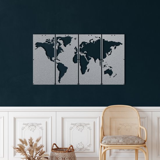 Wanddecoratie | Wereldkaart / World Map| Metal - Wall Art | Muurdecoratie | Woonkamer | Buiten Decor |Zilver| 120x66cm