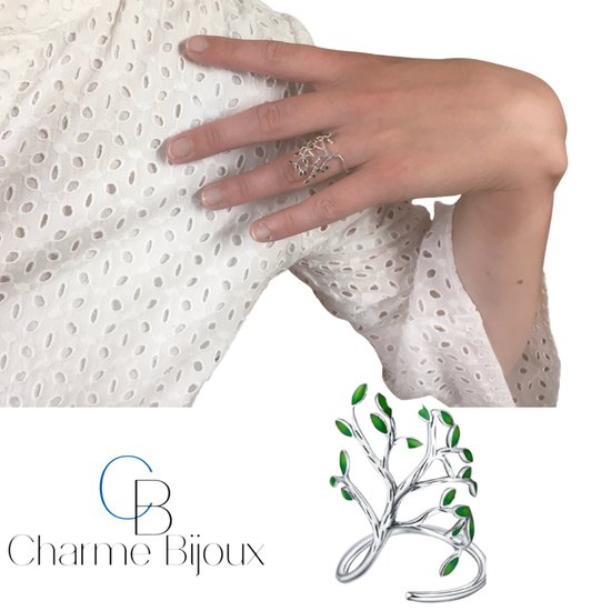 Zilveren- ring- Groen -blaadjes- Verstelbaar- breed- Charme Bijoux - Charme Bijoux