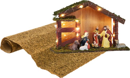 Verlichte kerststal - compleet - met 9 beelden - LED verlichting - en achtergrond - porselein mos hout - 50 x 70 cm