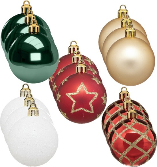 45x stuks kerstballen mix wit/rood/groen/champagne glans/mat/glitter kunststof diameter 5 cm - Kerstboom versiering