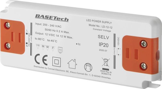 Basetech LD-12-12 LED-transformator Constante spanning 12 W 1 A Geschikt voor meubels, Overspanning, Montage op ontvlam