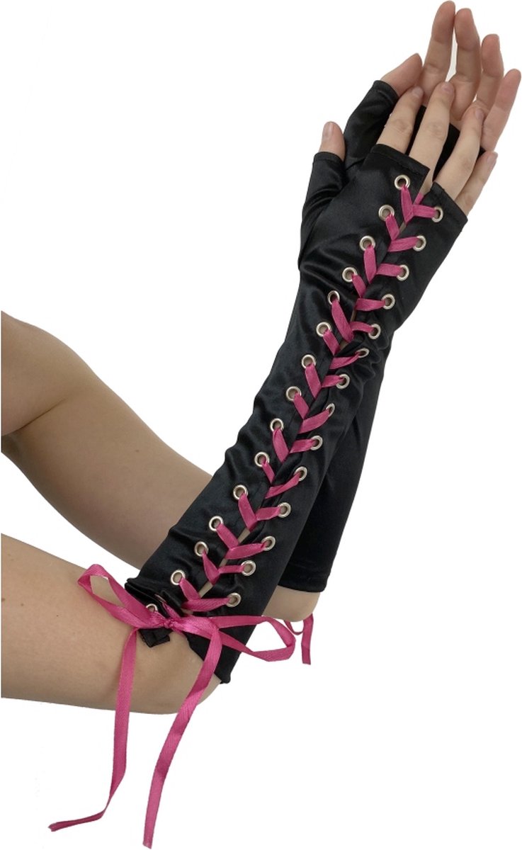 Pamela Mann - Lace Up Handschoenen - Zwart/Roze