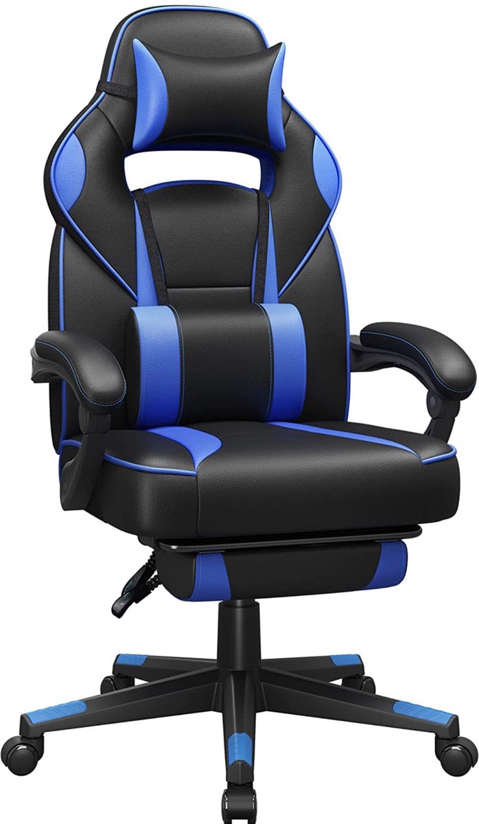 Gaming chair, bureaustoel met voetsteun, bureaustoel met hoofdsteun en lendenkussen, in hoogte verstelbaar, ergonomisch, 90-135° kantelhoek, tot 150 kg draagvermogen, zwart-blauw OBG073B04