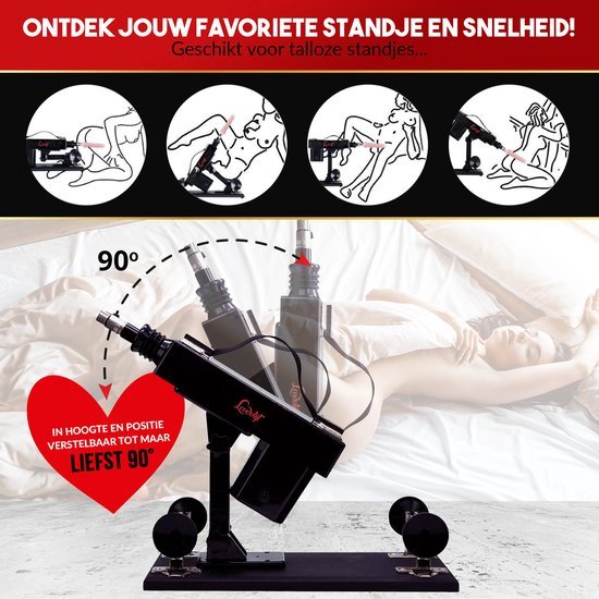 Illustraties van verschillende standjes met de seksmachine en een afbeelding van de machine die 90 graden verstelbaar is.