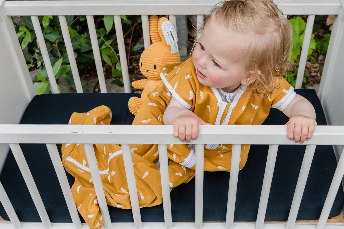 Wallabiezzz Slaapzak Baby - Trappelzak - lengte 95cm - 4 seizoenen - Veertjes - Mosterd Oker Geel