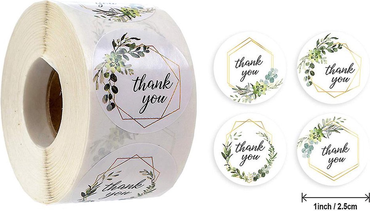 Thank you stickers- 500 stickers - 25 mm - Bedankt stickers - Thank you stickers op rol - Sluitstickers - Sluitzegel - planten / bladeren