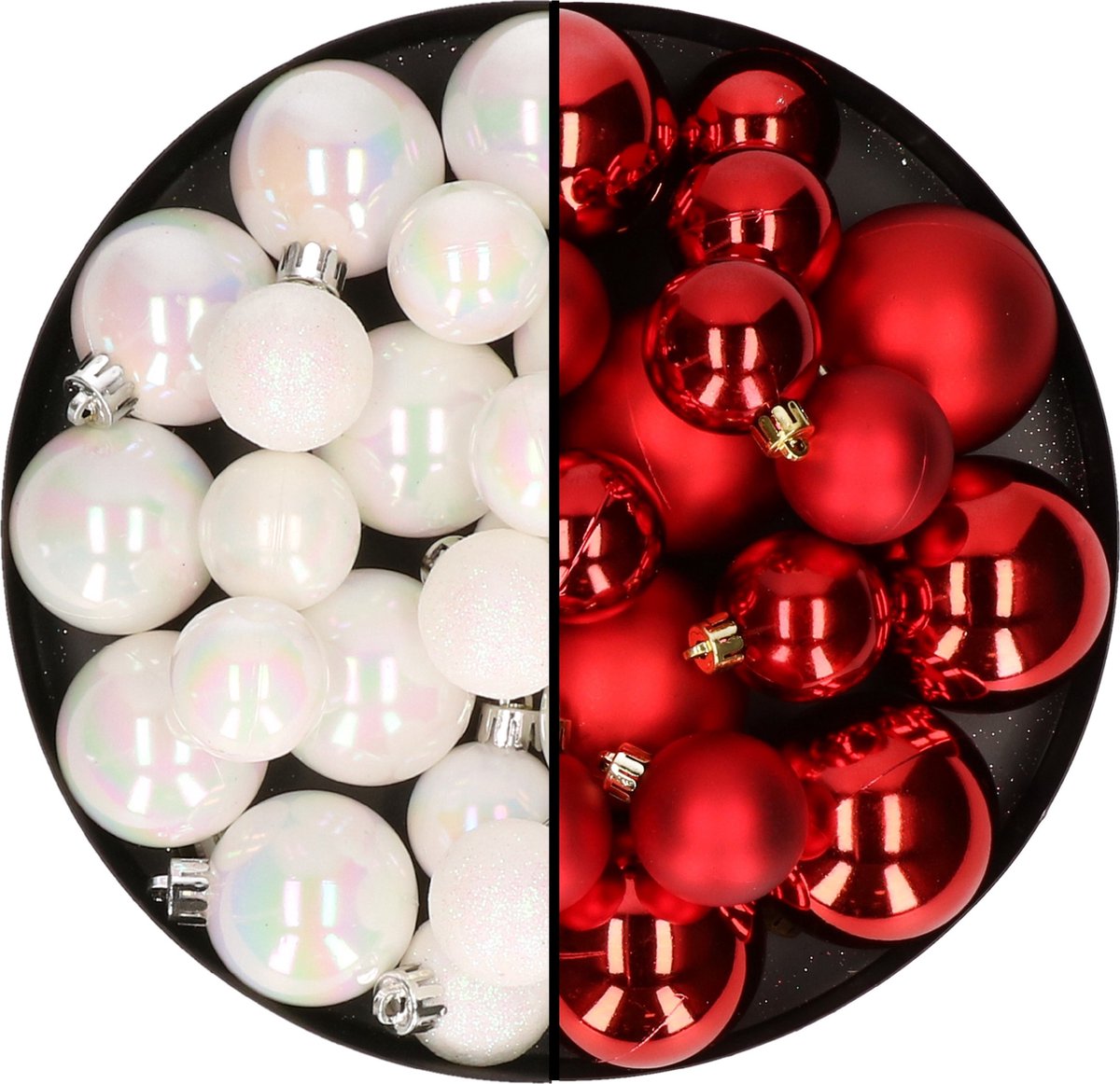Kerstversiering kunststof kerstballen kleuren mix rood/parelmoer wit 6-8-10 cm pakket van 44x stuks