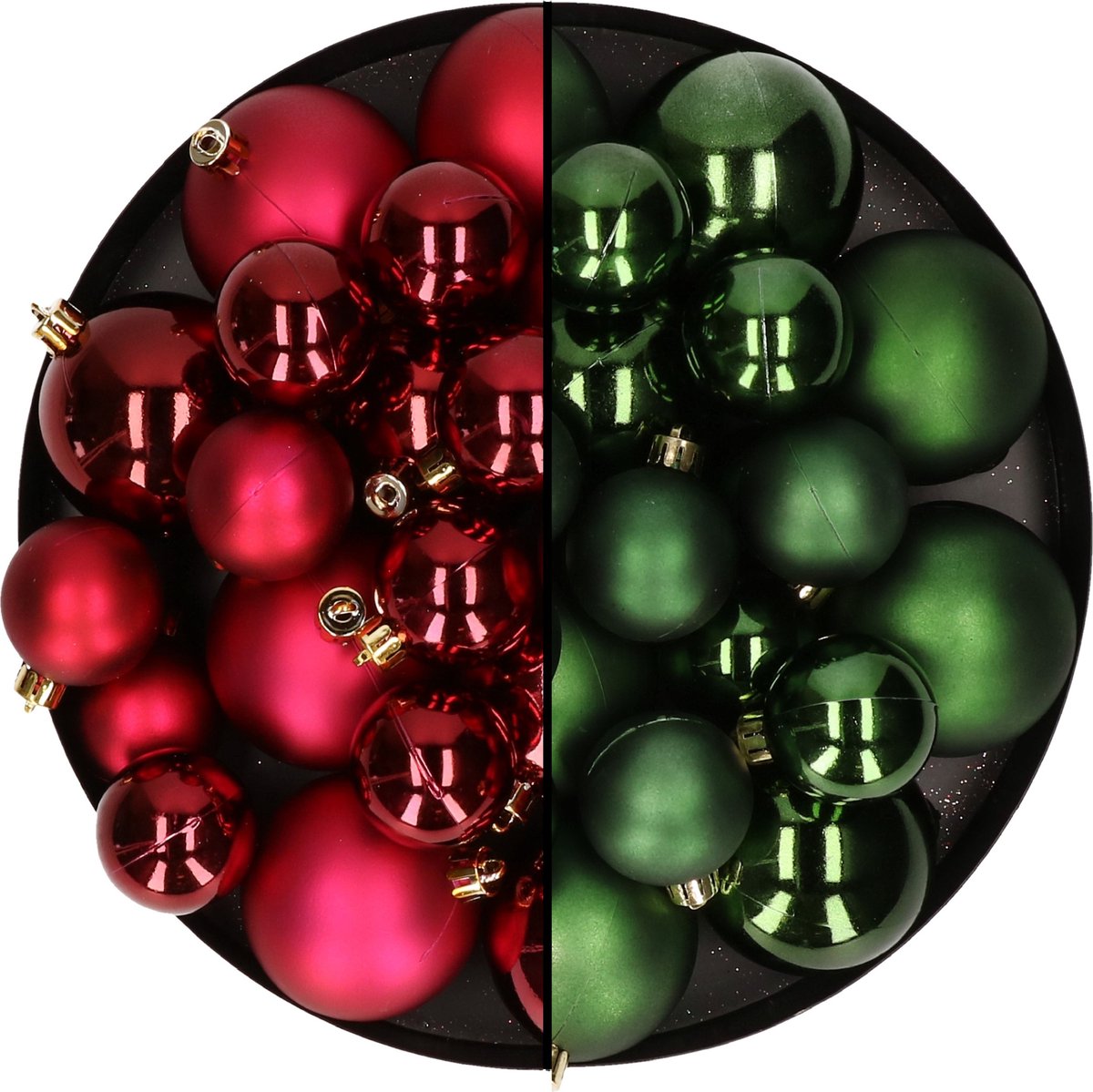Kerstversiering kunststof kerstballen kleuren mix donkerrood/donkergroen 6-8-10 cm pakket van 44x stuks