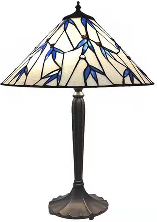 LumiLamp Tiffany Tafellamp Ø 42x63 cm Blauw Wit Glas Zink Tiffany Bureaulamp