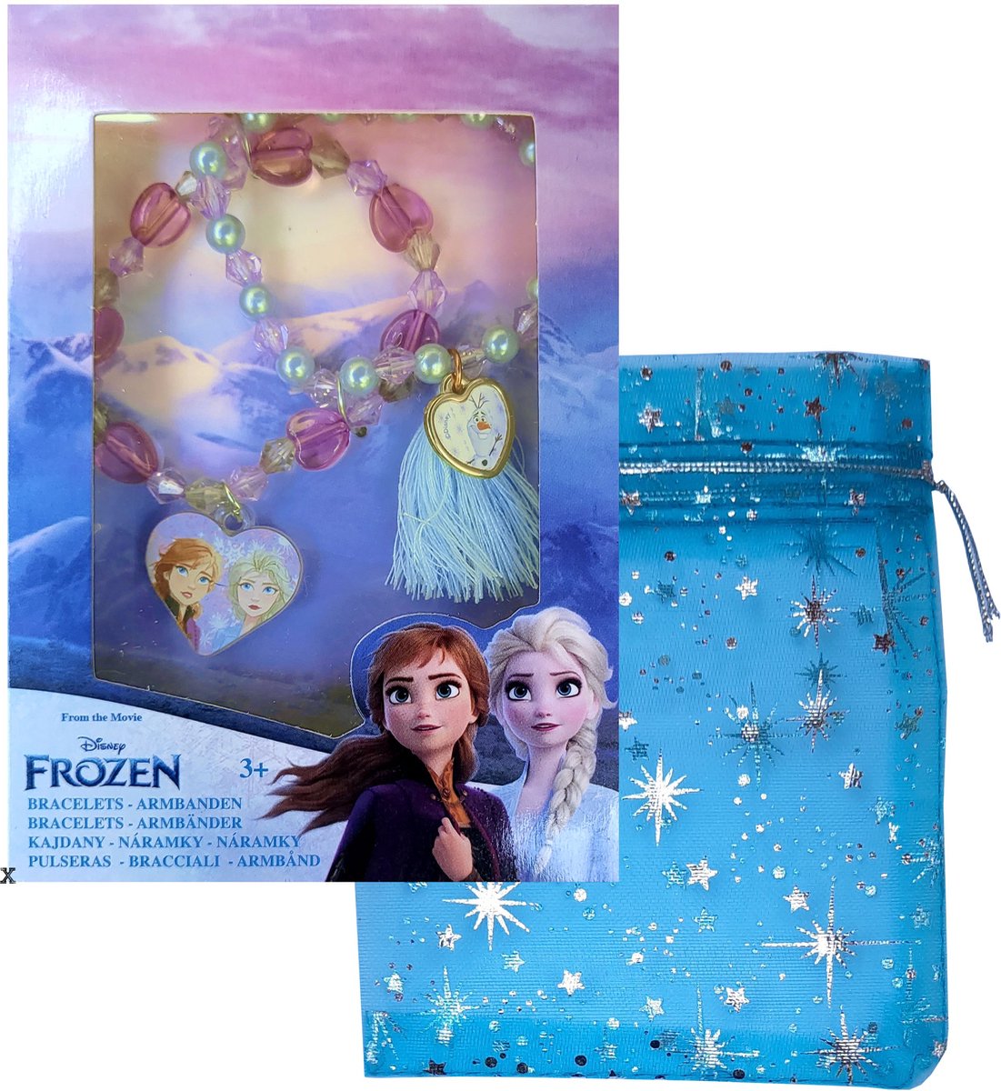 Disney - Frozen - Armbandje - 2 stuks - kwast - kralen - bedels - prinses - blauw - paars - anna - elsa - olaf - met blauw geschenk/opberg zakje - cadeautje
