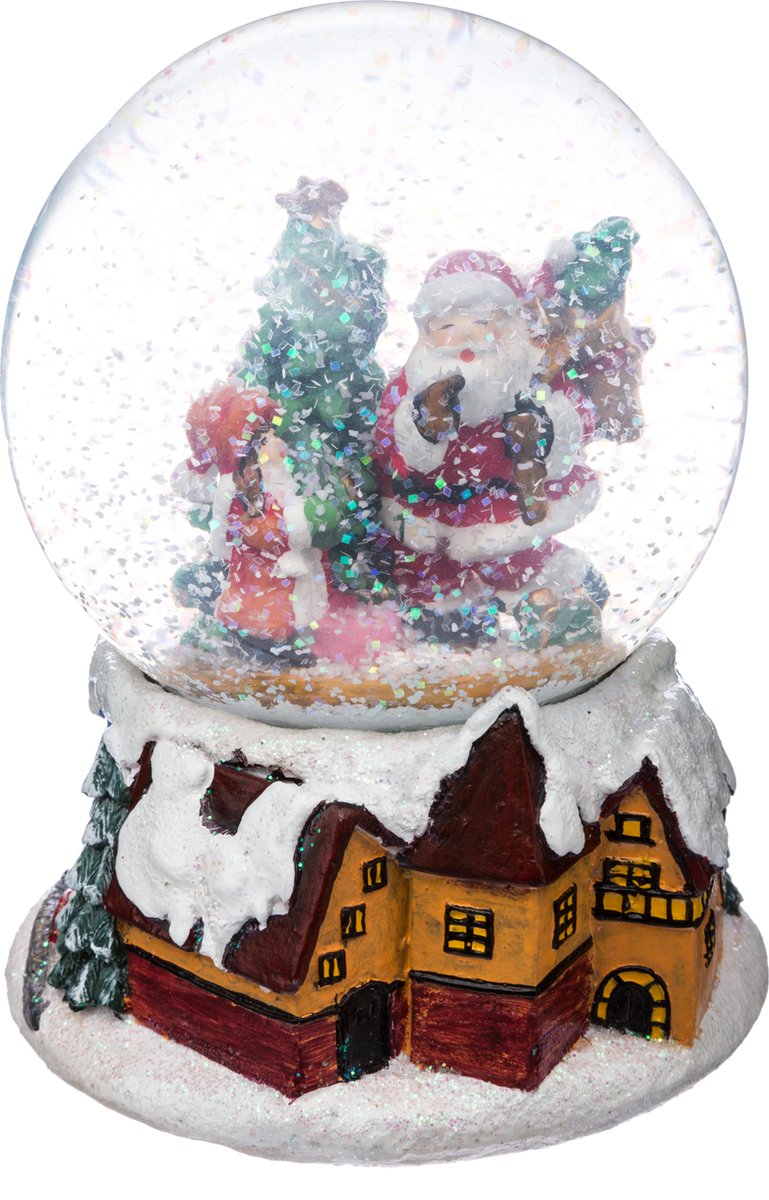 Kerstman in sneeuwbol met muziek, 10 cm diameter.