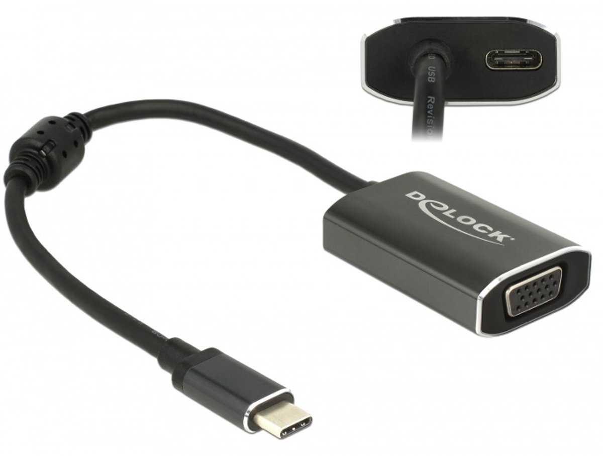 Premium USB-C naar VGA en USB-C PD adapter met DP Alt Mode (1920 x 1200) / zwart - 0,20 meter