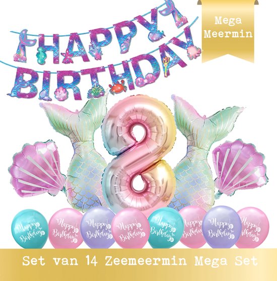 Snoes - Cijfer Folie Ballon - 8 Jaar Ballon - Zeemeermin Mermaid Mega pakket inclusief Slinger - Verjaardag - Meisje - Birthday Girl - Happy Birthday - Verjaardag 8 Jaar