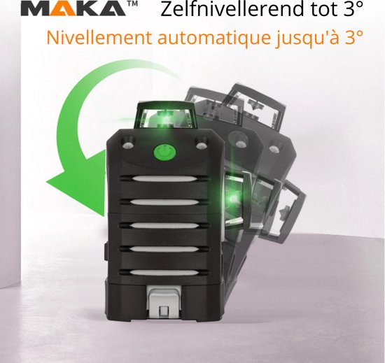 MAKA 3x 360° Groene Kruislijnlaser Zelfnivellerend - 0,3 mm/m - 30 M - 3D 12 lijnen - Met richtplaat - Bouwlaser - MAKA