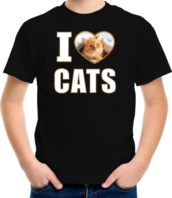 I love cats t-shirt met dieren foto van een rode kat zwart voor kinderen - cadeau shirt katten liefhebber - kinderkleding / kleding 110/116