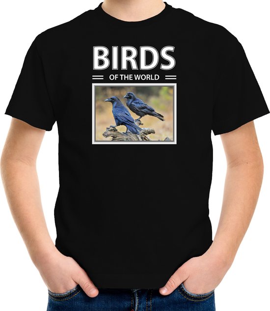 Dieren foto t-shirt Raaf vogel - zwart - kinderen - birds of the world - cadeau shirt vogel liefhebber - kinderkleding / kleding 134/140