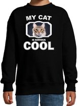 Bruine kat / poes trui / sweater my cat is serious cool zwart - kinderen - Katten liefhebber cadeau sweaters - kinderkleding / kleding 134/146