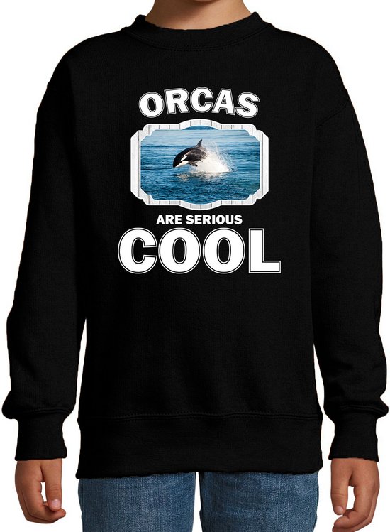 Dieren orka vissen sweater zwart kinderen - orcas are serious cool trui jongens/ meisjes - cadeau orka/ orka vissen liefhebber - kinderkleding / kleding 134/146