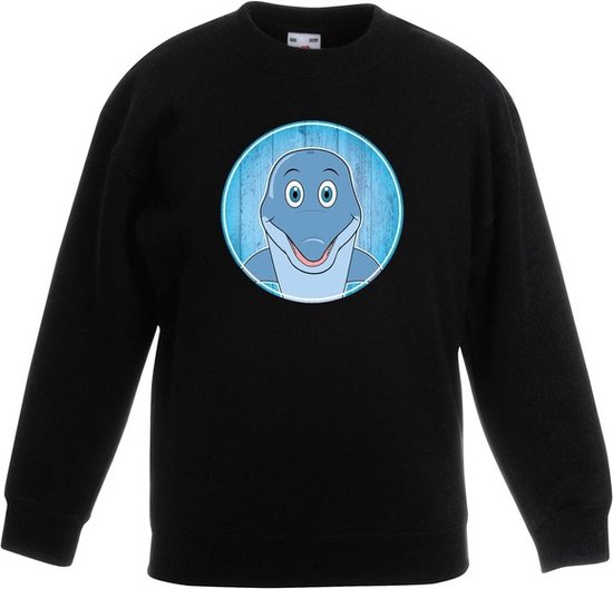 Kinder sweater zwart met vrolijke dolfijn print - dolfijnen trui - kinderkleding / kleding 170/176