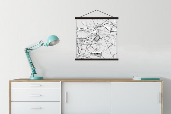Posterhanger incl. Poster 60x60 cm - Schoolplaat - Zwart Wit – België – Plattegrond – Stadskaart – Kaart – Mons - Textielposter - Zwarte latten - Stadskaart