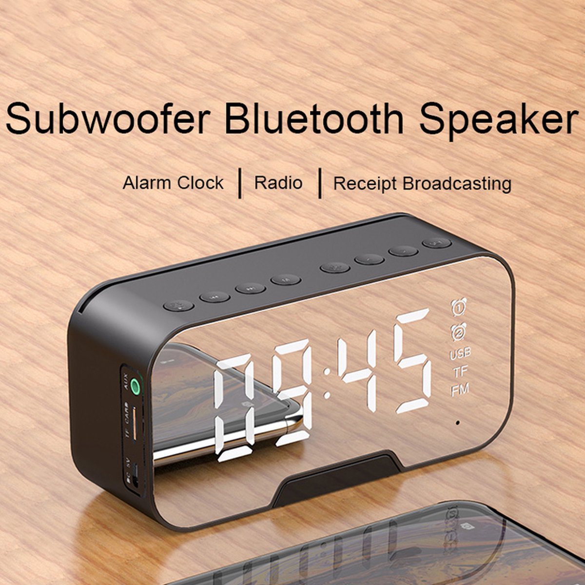 THEROB - Portable Bluetooth luidspreker. Digitale wekker met bluetooth speaker, radio, spiegel en TF ingang. ZWART