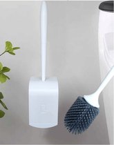 Siliconen toilet borstel met houder - gemakkelijk monteren met plakstrip - accessoireset - lichtgrijs/wit