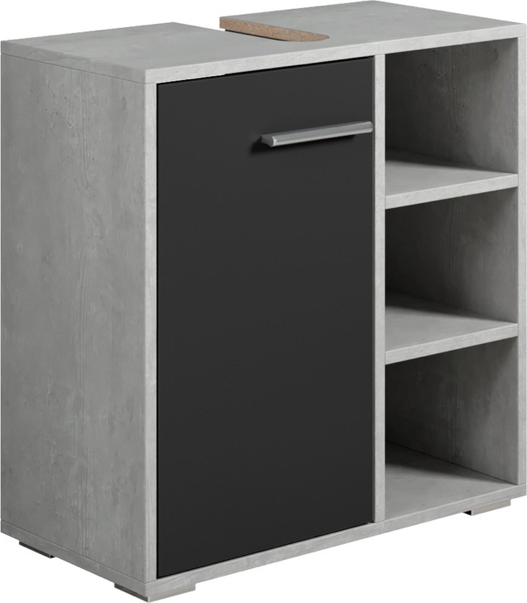 Badplaats Wastafel Onderkast Neptunus 60 cm x 30 cm x 60 cm - Beton Grijs met Mat Zwart - Badkamerkast – Staand Wastafelmeubel