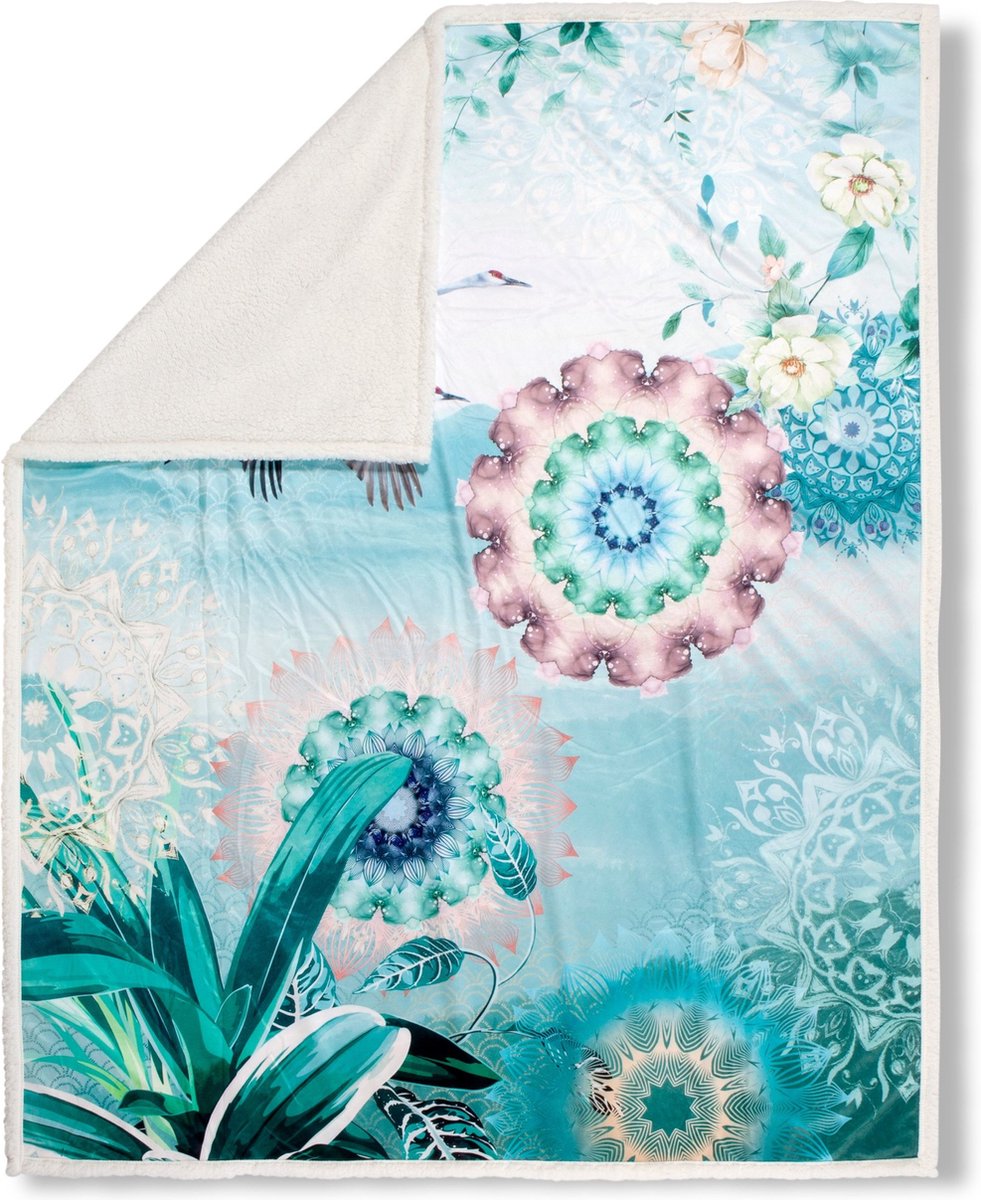 Plaid 130x160 cm - Mandala en Bloemen Print - Blauw/Groen - Polyester - Voor Woonkamer of Slaapkamer