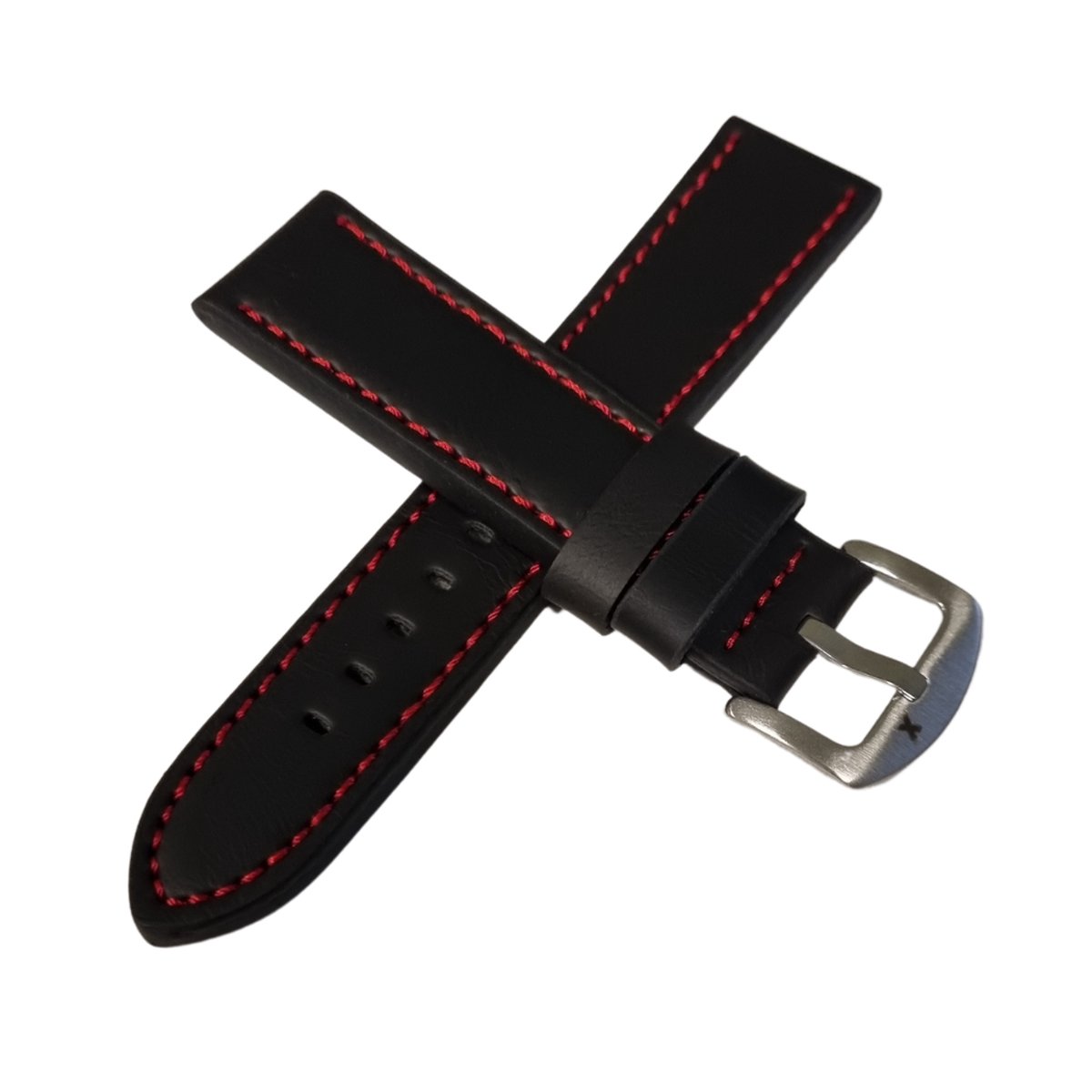 Horlogebandje heren - 22mm - zwart leder - rood stiksel - LuuXr