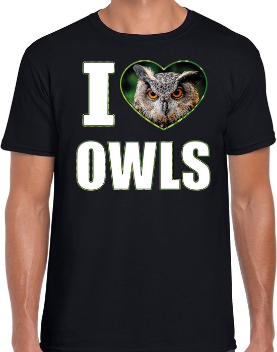 I love owls t-shirt met dieren foto van een uil zwart voor heren - cadeau shirt Oehoe uilen liefhebber S