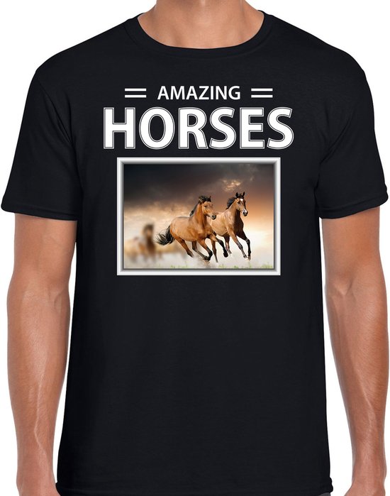 Dieren foto t-shirt Bruin paard - zwart - heren - amazing horses - cadeau shirt Bruine paarden liefhebber M