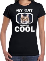 Bruine kat katten t-shirt my cat is serious cool zwart - dames - katten / poezen liefhebber cadeau shirt S