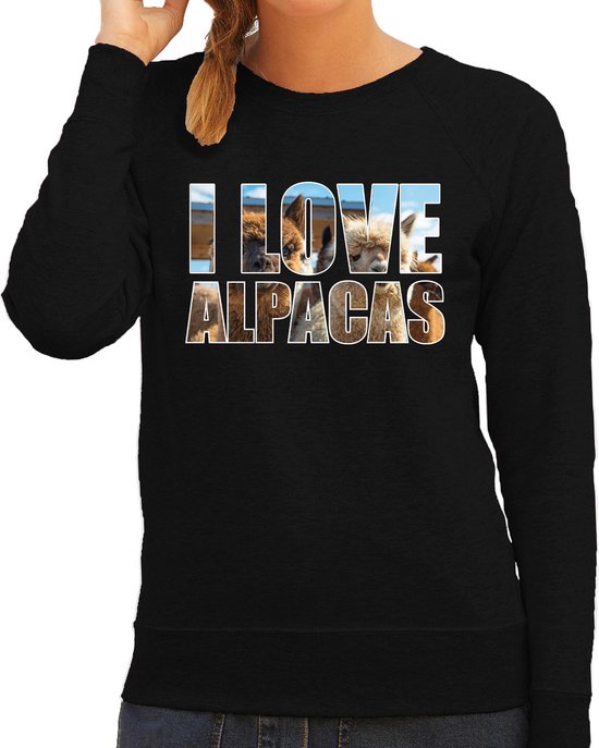 Tekst sweater I love alpacas met dieren foto van een alpaca zwart voor dames - cadeau trui alpacas liefhebber M