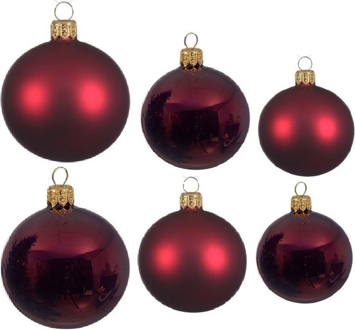 Compleet glazen kerstballen pakket donkerrood glans/mat 26x stuks - 10x 6 cm - 12x 8 cm - 4x 10 cm