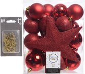 33x stuks kunststof kerstballen 5, 6 en 8 cm rood inclusief ster piek en kerstbalhaakjes - Kerstversiering - Onbreekbaar