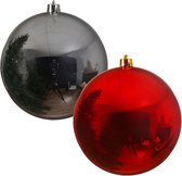 2x grosses boules de Noël de 20 cm brillant en plastique rouge et argent - Décorations de Noël