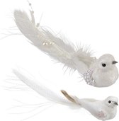 2x Witte vogeltjes met glitters en pailletten op clip - Kerstboomversiering/decoratie - Vogels op clip