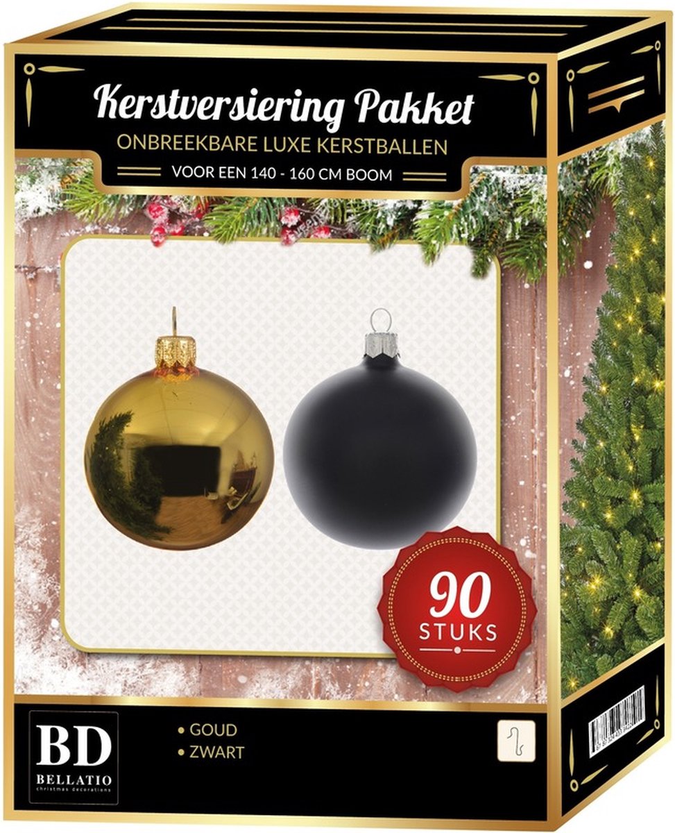 Bellatio Decorations Kerstballen set 90-delig - kunststof - goud zwart - voor 150 cm boom