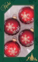 12x stuks luxe glazen kerstballen 7 cm rood met sneeuwvlok - Kerstversiering/kerstboomversiering