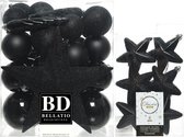 Kerstversiering kunststof kerstballen en sterren hangers zwart 5-6-8 cm pakket 39x stuks - Met ster vorm piek 19 cm