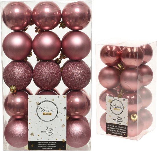 Kerstversiering kunststof kerstballen oud roze 4-6 cm pakket van 46x stuks - Kerstboomversiering